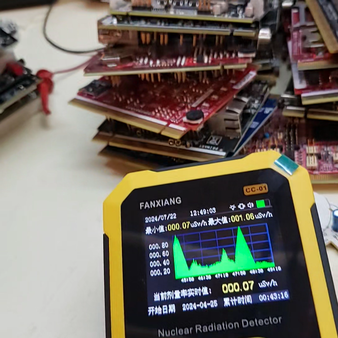 A photo of a workbench with electronics and handheld measurement equipment