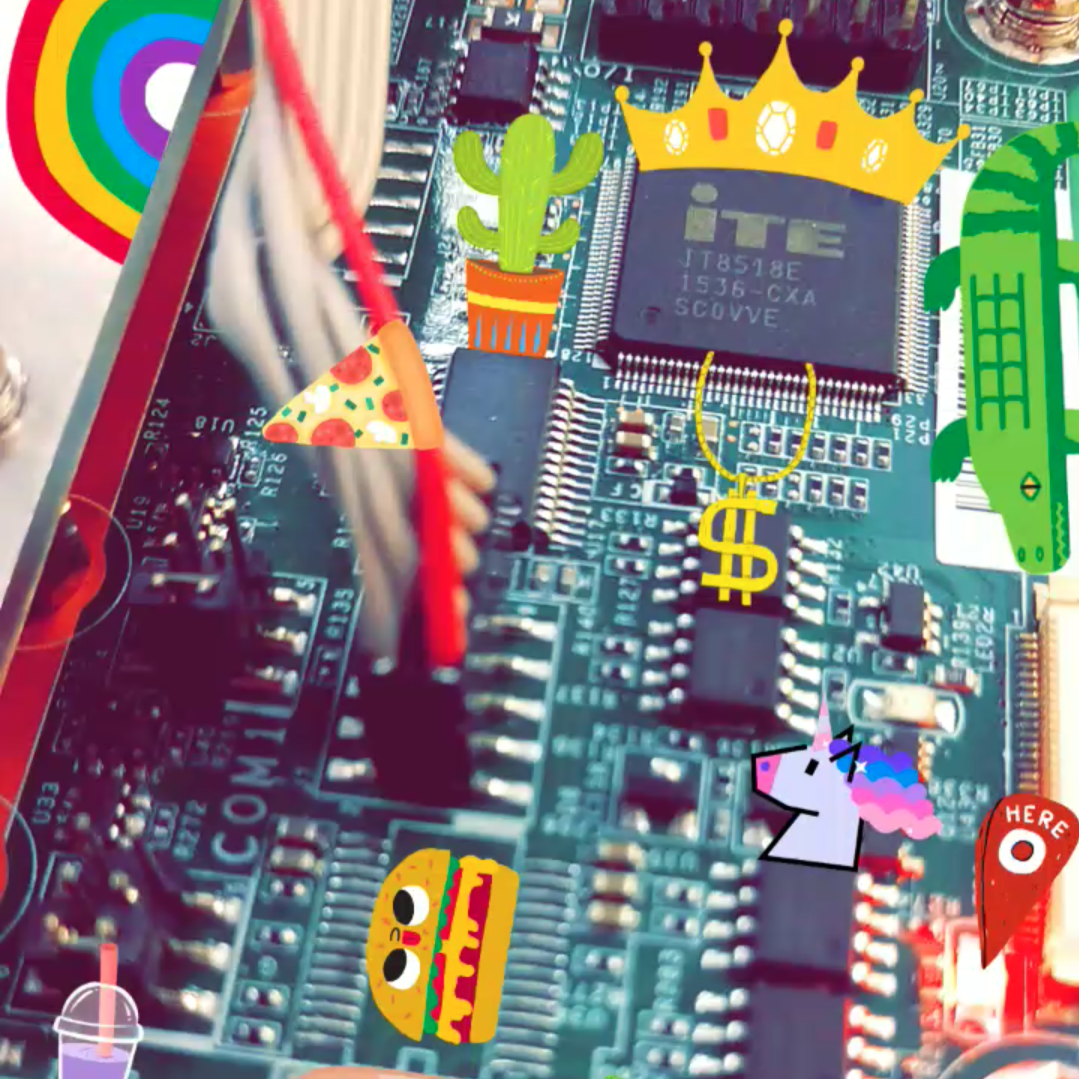 A decorative photo of a circuit board with cute and colorful stickers